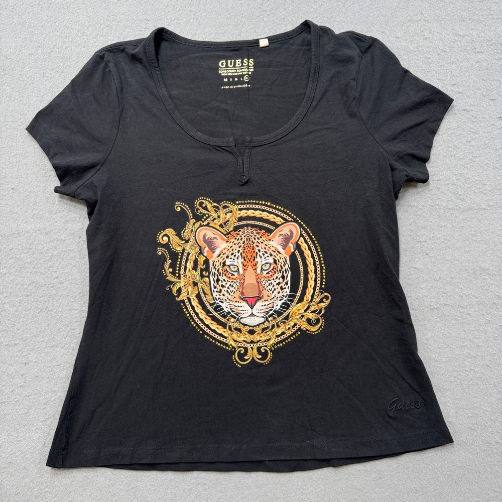 Guess T-Shirt Women's XL Black Leopard Gold Chain Graphic Streetwear Y2K Style